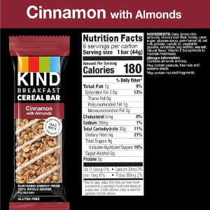 KIND Breakfast Cereal Bars Gluten Free Snacks Cinnamon with Almonds 9.3oz Box 6 Bars-nf