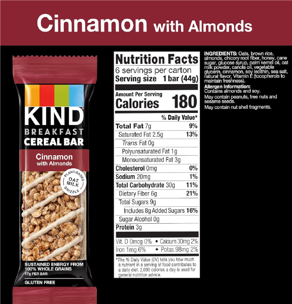 KIND Breakfast Cereal Bars Gluten Free Snacks Cinnamon with Almonds 9.3oz Box 6 Bars-nf