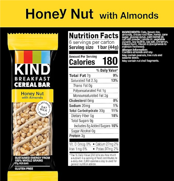 KIND Breakfast Cereal Bars Gluten Free Snacks Honey Nut with Almonds 9.3oz Box 6 Bars-nf