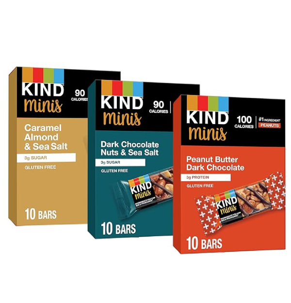 KIND Bar Minis Variety Pack Dark Chocolate Nuts and Sea Salt Peanut Butter Caramel Almond Healthy Snacks Gluten Free Low Sugar/Calorie Snacks 30 Count-main