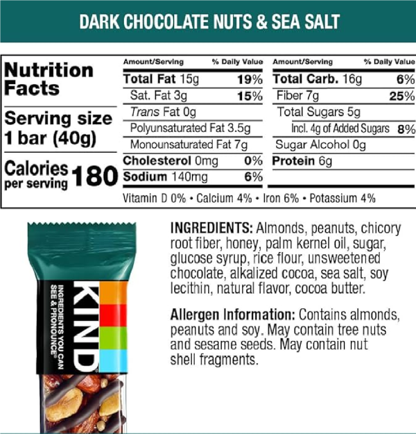 KIND Bars Dark Chocolate Nuts & Sea Salt Healthy Snacks Gluten Free Low Sugar 6 Count-nf