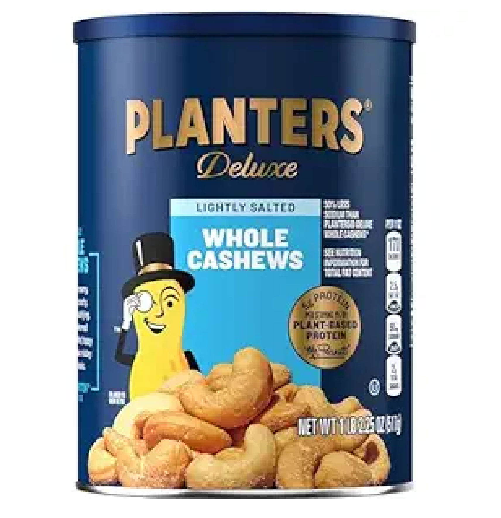 PLANTERS Deluxe Lightly Salted Whole Cashews Party Snacks Plant-Based Protein Quick Snack for Adults After School Snack Roasted Cashew Flavored with Sea Salt Kosher 1lb 2.25oz Canister-main