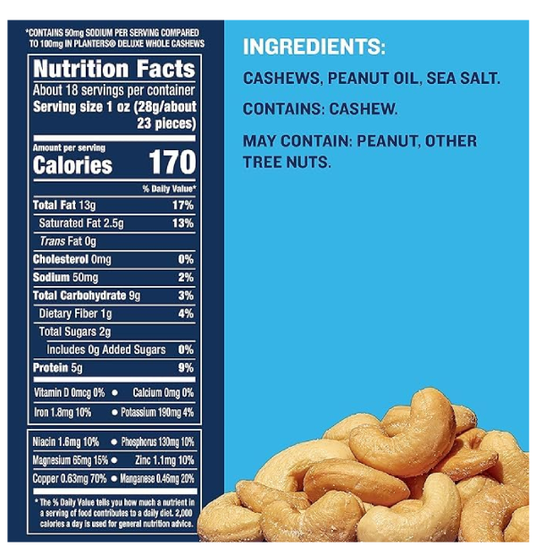 PLANTERS Deluxe Lightly Salted Whole Cashews Party Snacks Plant-Based Protein Quick Snack for Adults After School Snack Roasted Cashew Flavored with Sea Salt Kosher 1lb 2.25oz Canister-nf