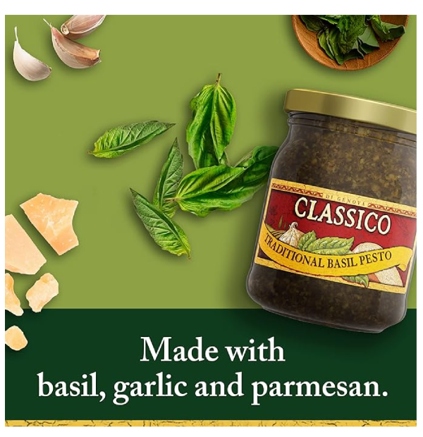 Classico Signature Recipes Traditional Basil Pesto Sauce & Spread 8.1 oz Jar-back