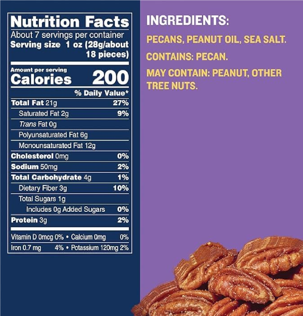 PLANTERS Roasted Pecan Nuts Party Snacks Plant-Based Protein Nuts for Baking Quick Snack for Adults After School Snack Roasted Pecans Flavored with Sea Salt Kosher 7.25oz Canister-nf