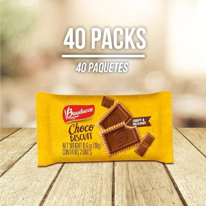 Bauducco Choco Biscuit CookiesTub 40 pk Crispy & Delicious Great for Snacks Dessert & Lunch Box 2 cookies per pack individually wrapped 25.3 oz-back