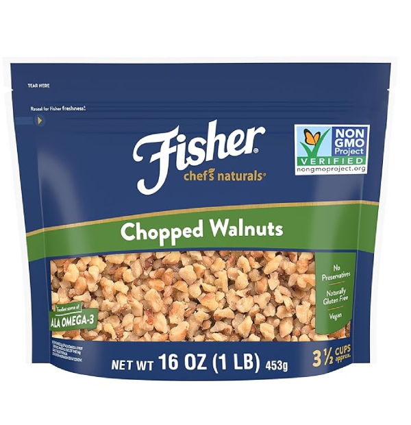 Fisher Chef's Naturals Chopped Walnuts 1 lb 100% California Unsalted Walnuts for Baking & Cooking Snack Topping Resealable Bag Great with Yogurt & Cereal Vegan Protein Keto Snack Gluten Free-main