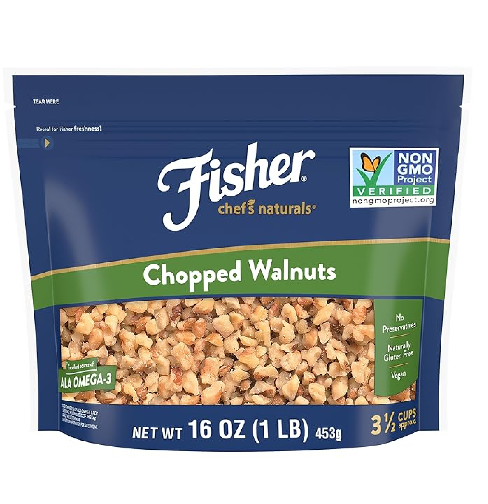 Fisher Chef's Naturals Chopped Walnuts 1 lb 100% California Unsalted Walnuts for Baking & Cooking Snack Topping Resealable Bag Great with Yogurt & Cereal Vegan Protein Keto Snack Gluten Free-main