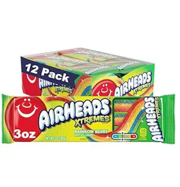 Airheads Xtremes Belts Rainbow Berry Flavor Sweetly Sour Candy Non Melting Bulk Movie Theater and Party Bag 3 Ounce Pack of 12-main