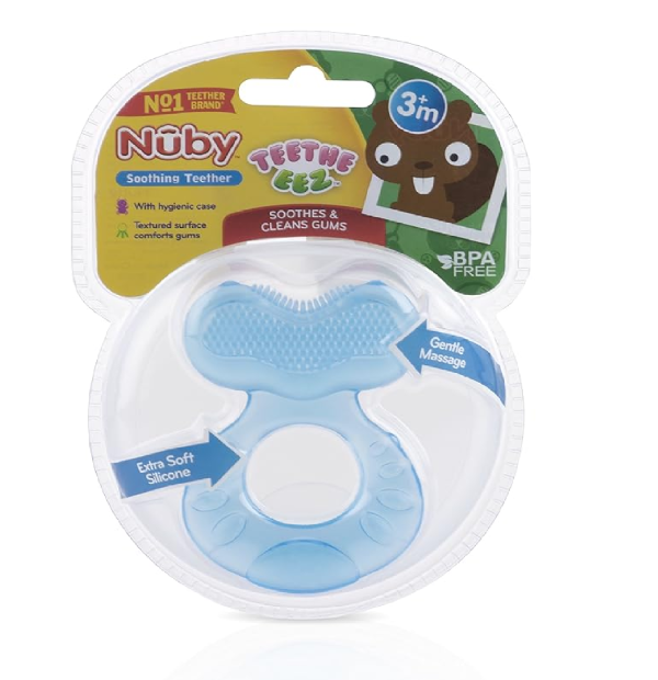 Nuby Silicone Teethe-eez Teether with Bristles Includes Hygienic Case Blue-back 4