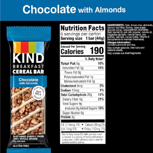 KIND Breakfast Cereal Bars Gluten Free Snacks Chocolate with Almonds 9.3oz Box 6 Bars-nf