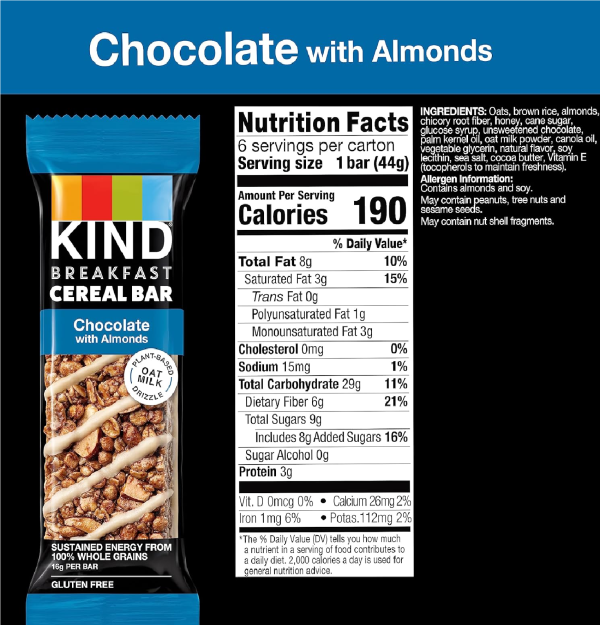 KIND Breakfast Cereal Bars Gluten Free Snacks Chocolate with Almonds 9.3oz Box 6 Bars-nf